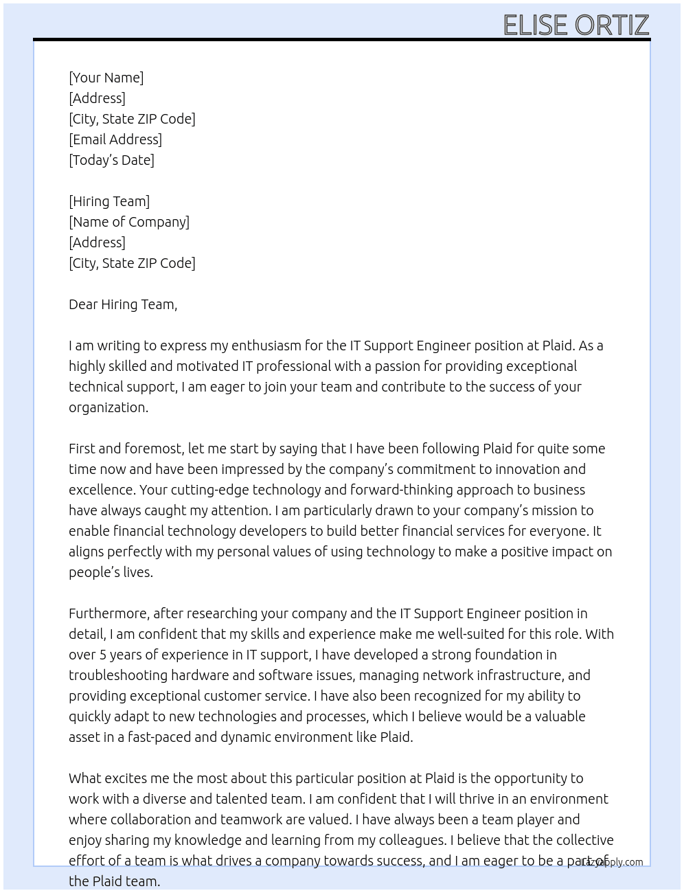 IT Support Engineer At Plaid Cover Letter