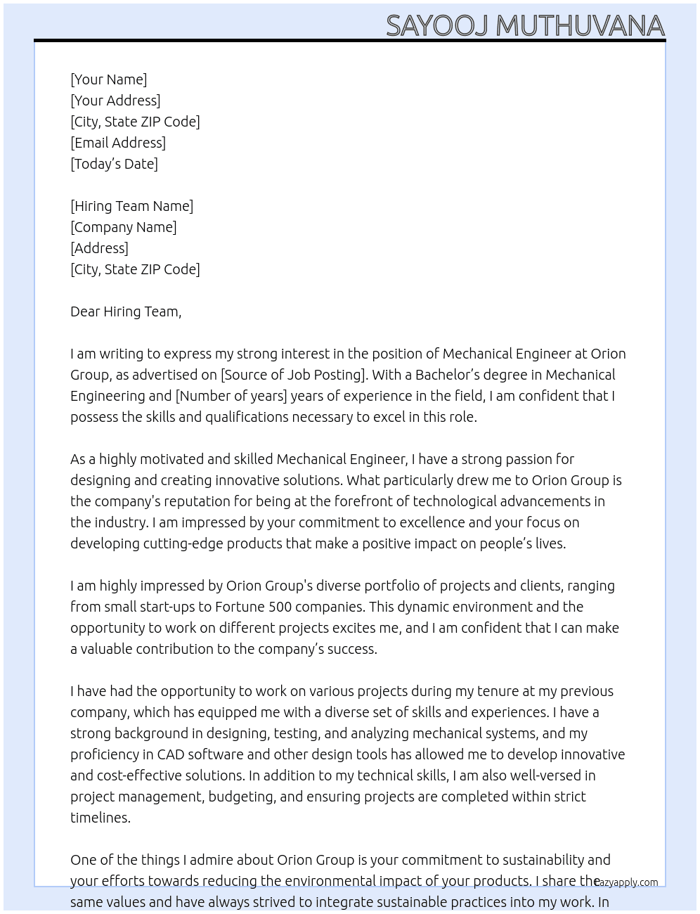 Mechanical Engineer At Orion Group Cover Letter