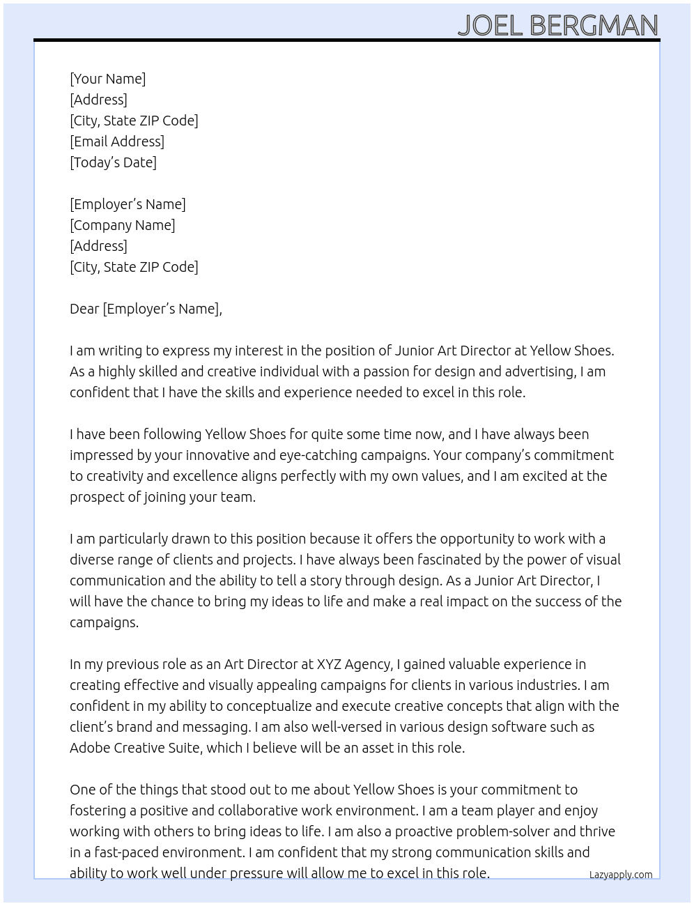 Junior Art Director At Yellow Shoes Cover Letter