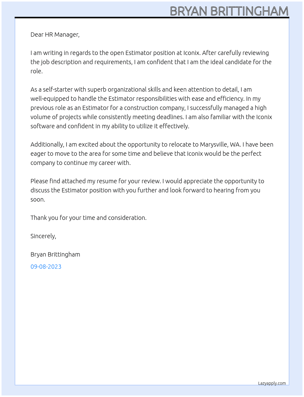 Estimator At Iconix  Cover Letter