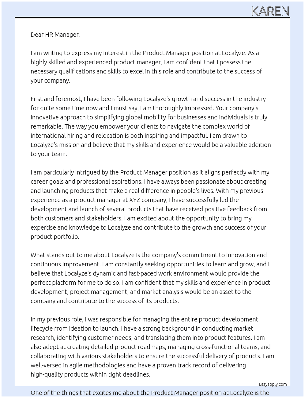Product Manager At Localyze Cover Letter