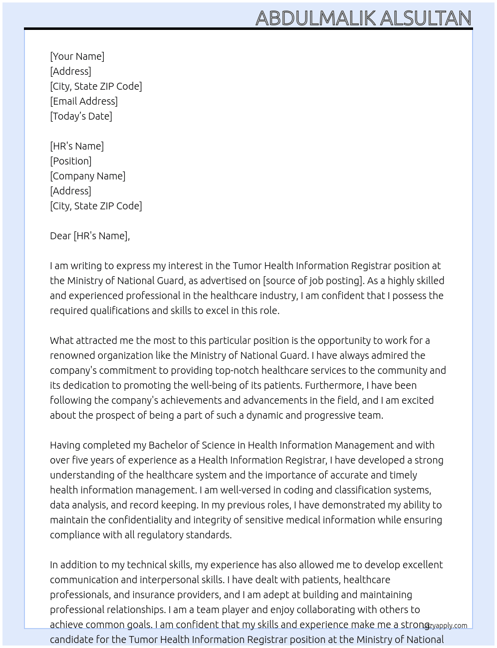 Tumor Health Information Registrar At Ministry of National Guard Cover Letter