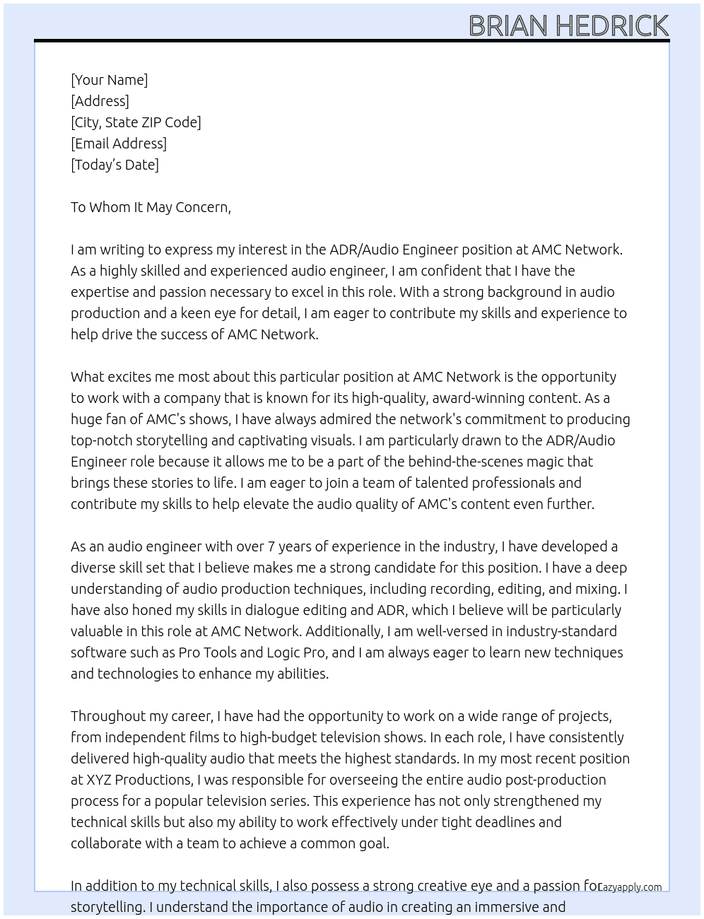 ADR/Audio Engineer At AMC Network Cover Letter