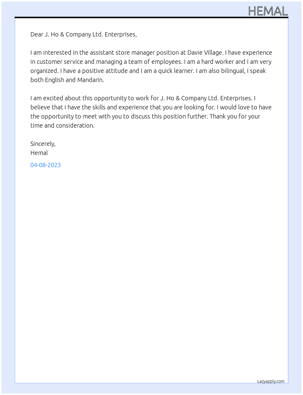 Assistant store manager At J. Ho & Company Ltd. Enterprises Cover Letter