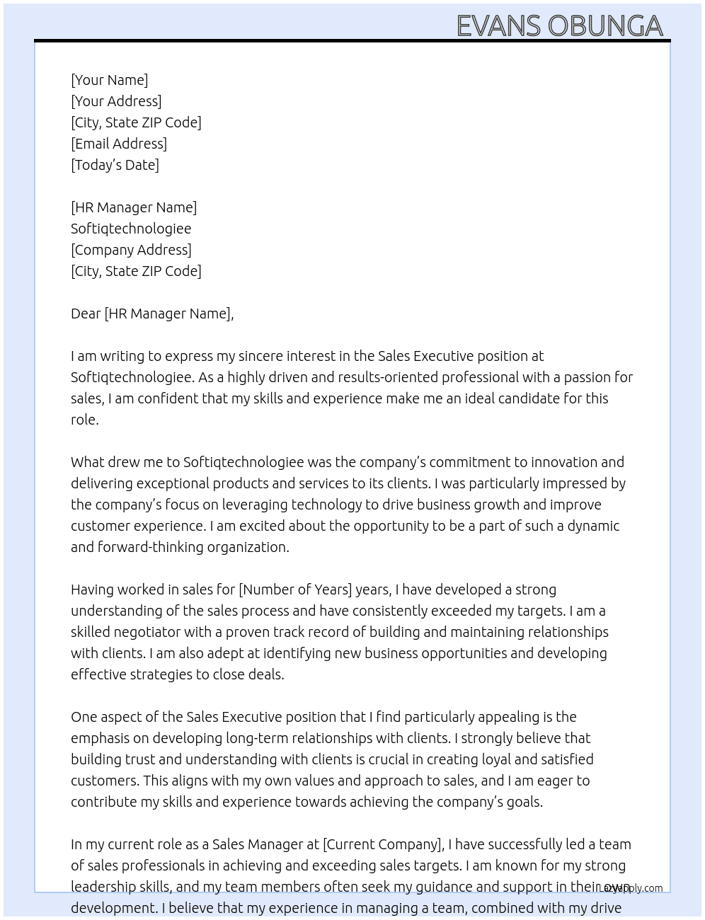 Sales executive  At Softiqtechnologiee Cover Letter