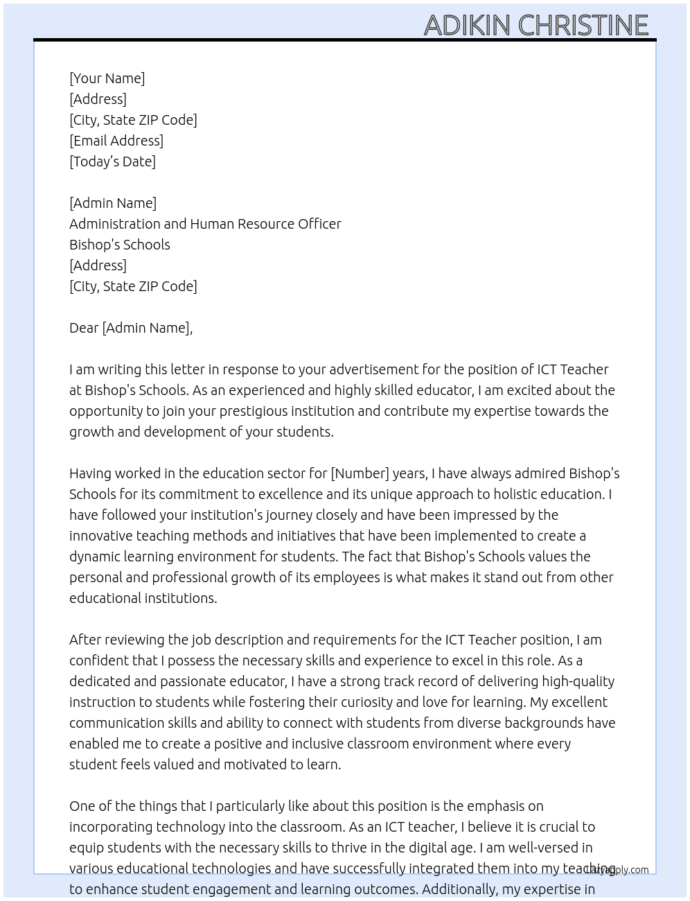 ICT Teacher At Bishop's schools Cover Letter