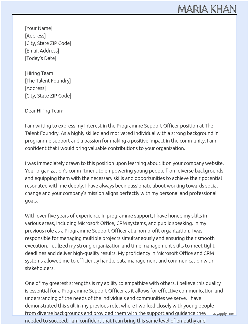 Programme Support Officer At The Talent Foundry Cover Letter
