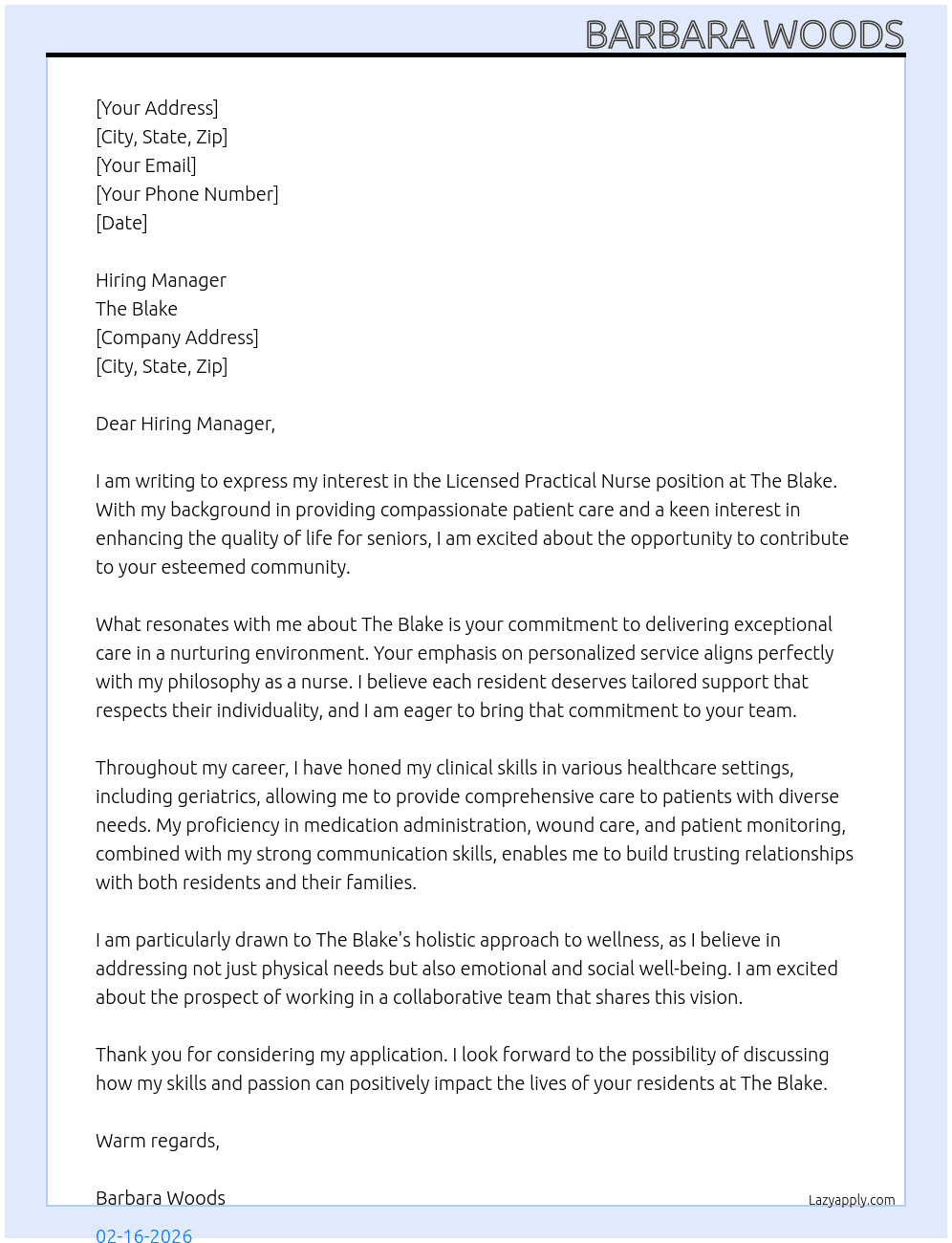 Licensed Practical Nurse At The Blake Cover Letter