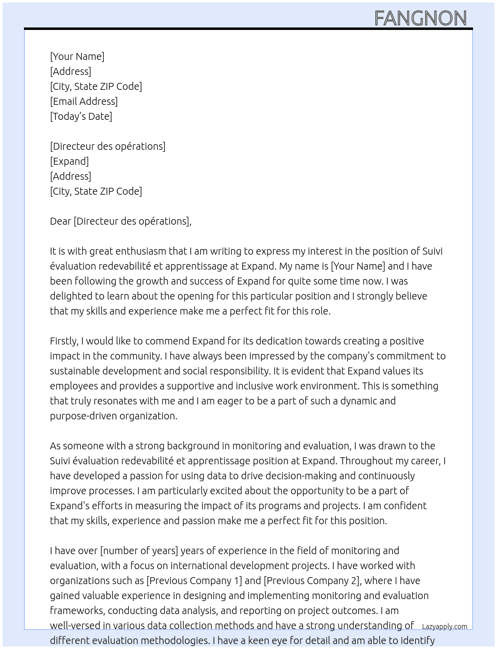 Suivi évaluation redevabilité et apprentissage  At Expand Cover Letter