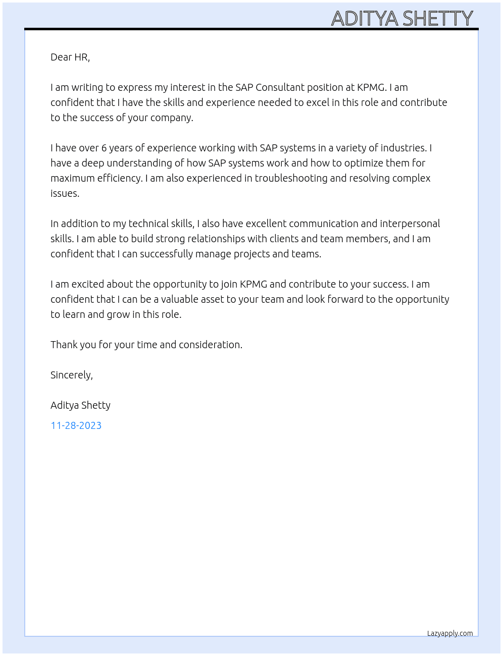 SAP Consultant  At KPMG Cover Letter