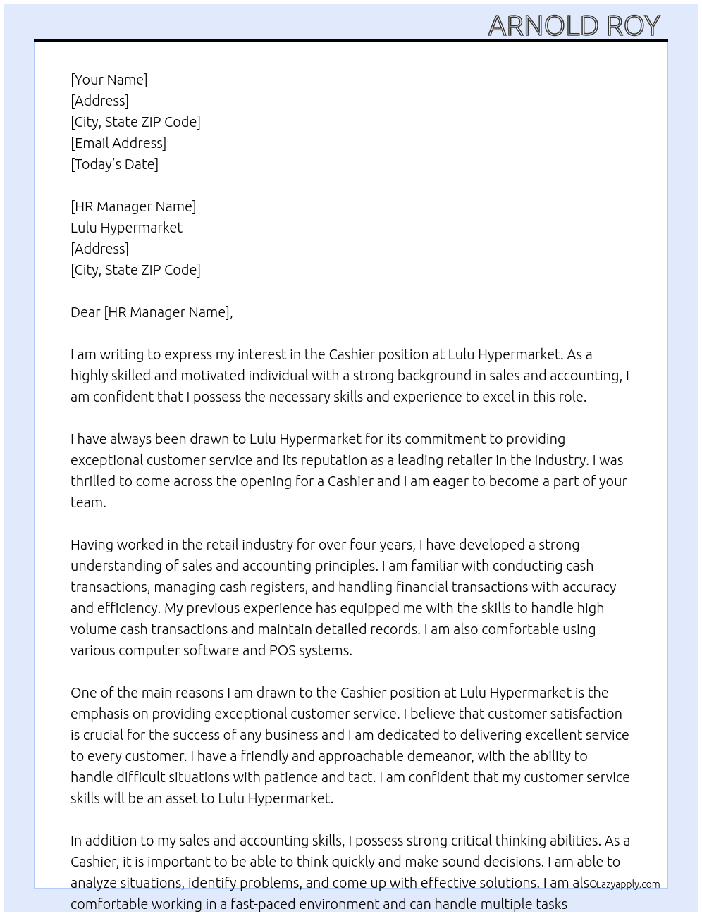 Cashier  At Lulu Hypermarket  Cover Letter