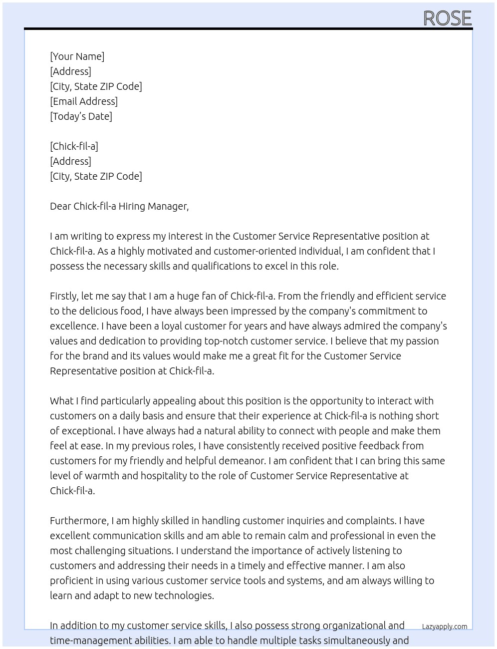 Customer Service Representitive At Chick-fil-a Cover Letter