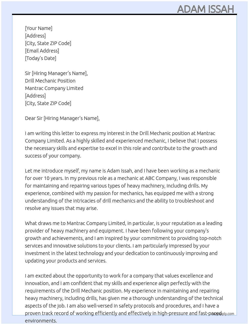 Drill Mechanic  At Mantrac Company Limited Cover Letter
