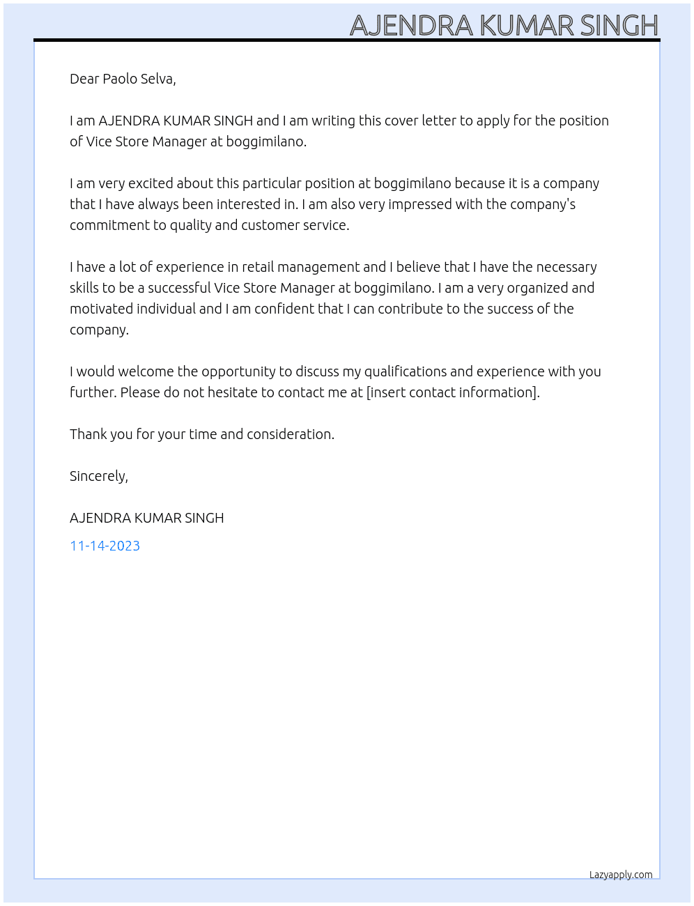 Vice Store Manager  At boggimilano Cover Letter