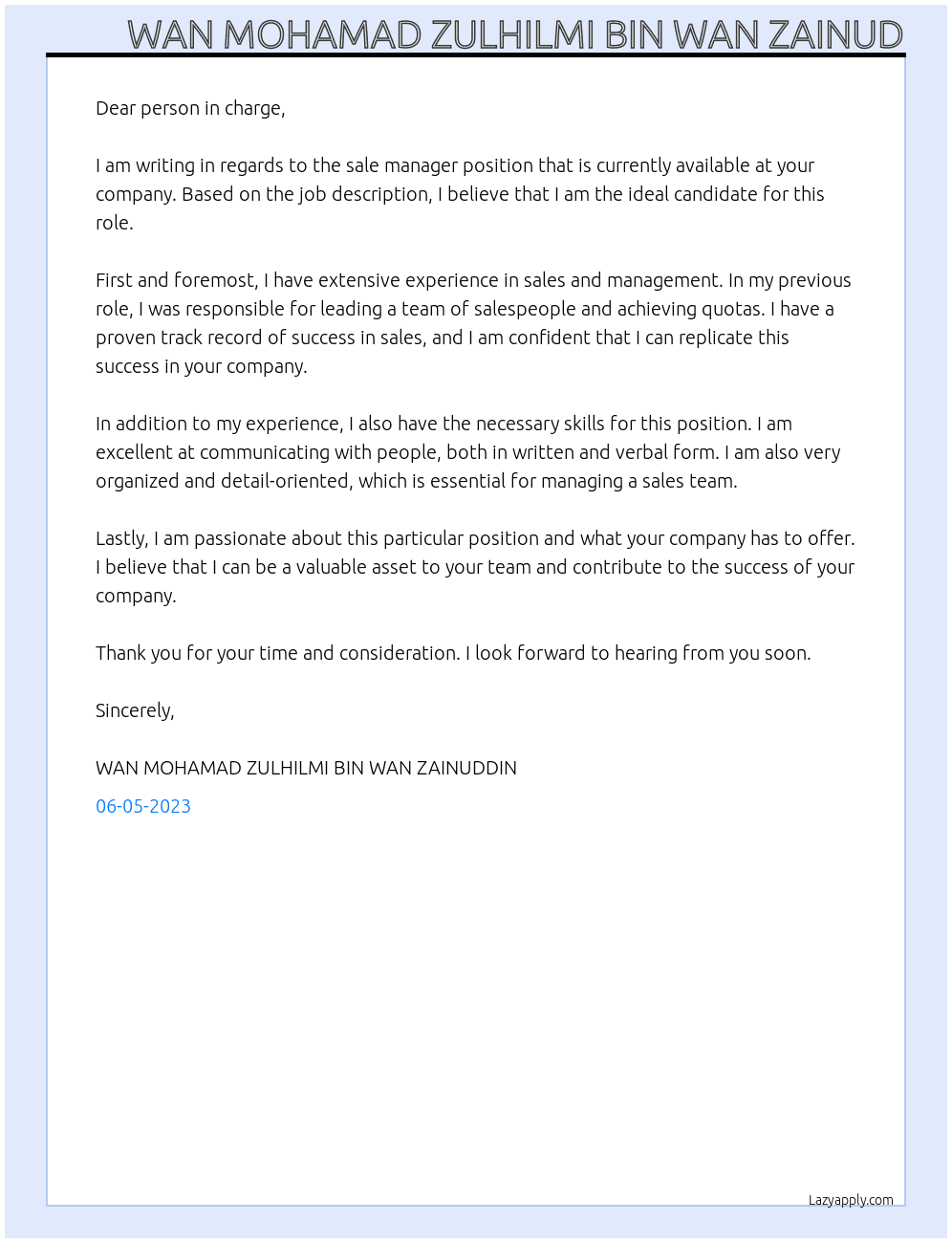 sale manager At company Cover Letter