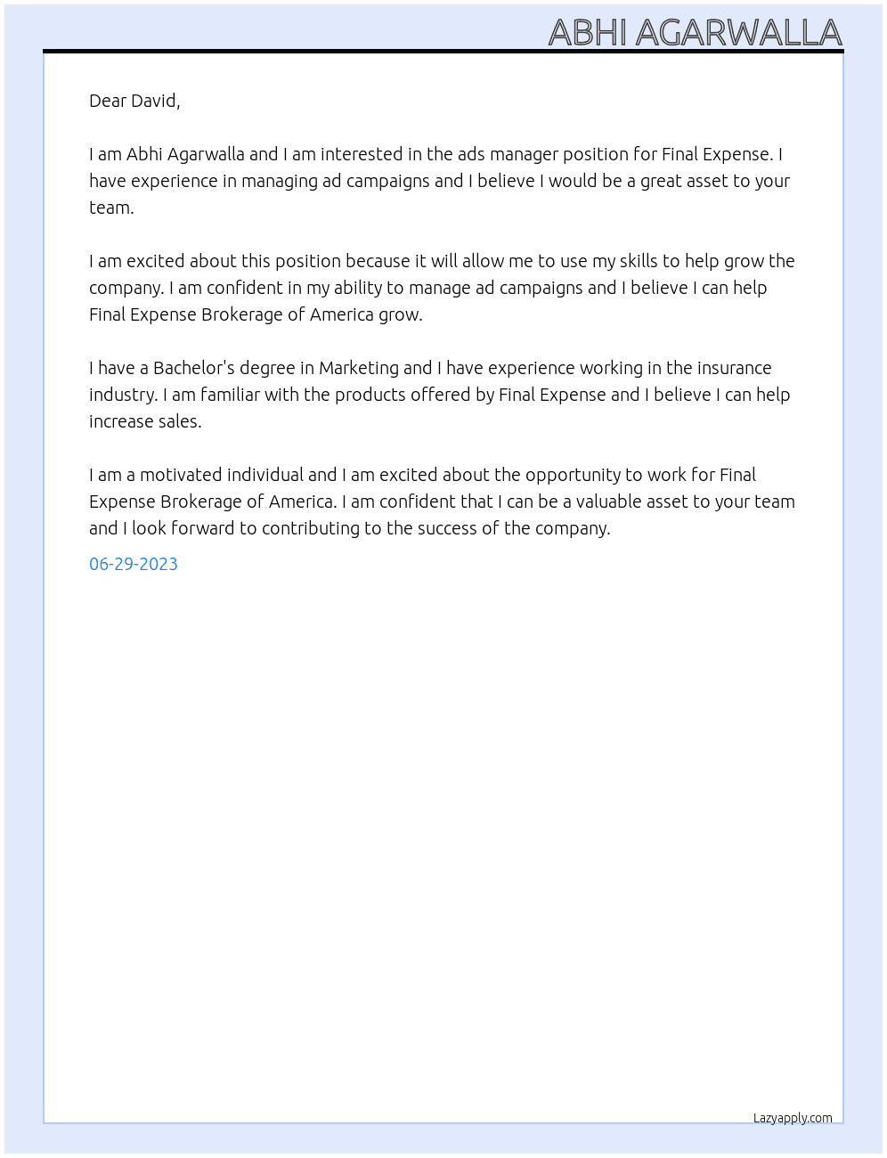Ads manager for Final Expense At Final Expense Brokerage of America Cover Letter