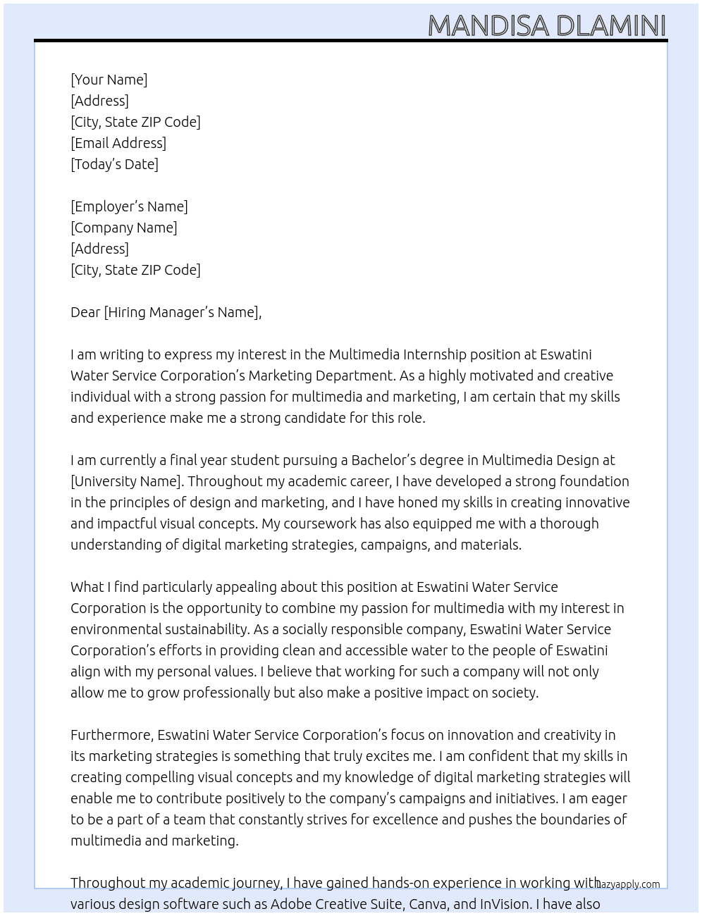 Multimedia  At Eswatini water service corporation  marketing department  Cover Letter