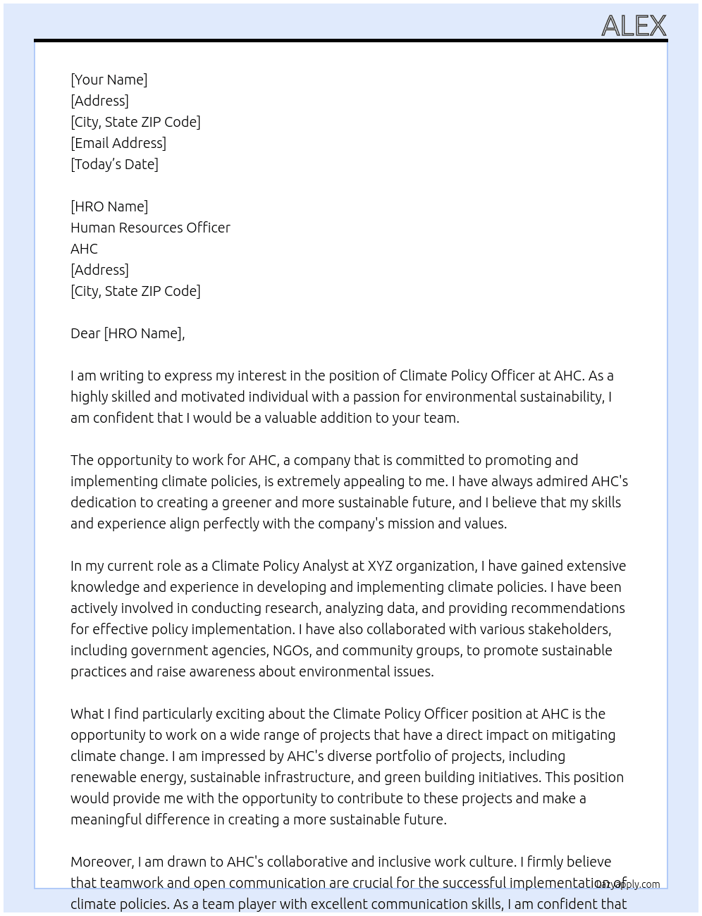 climate policy officer At AHC Cover Letter