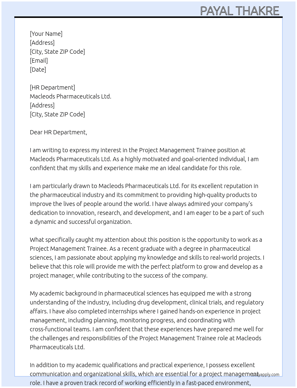Project Management Trainee  At Macleods Pharmaceuticals Ltd. Cover Letter
