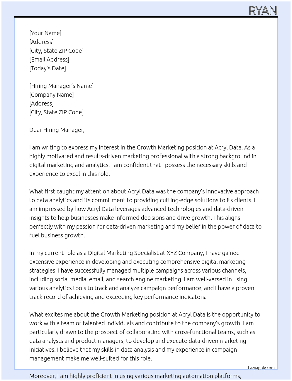 Growth Marketing At Acryl Data Cover Letter