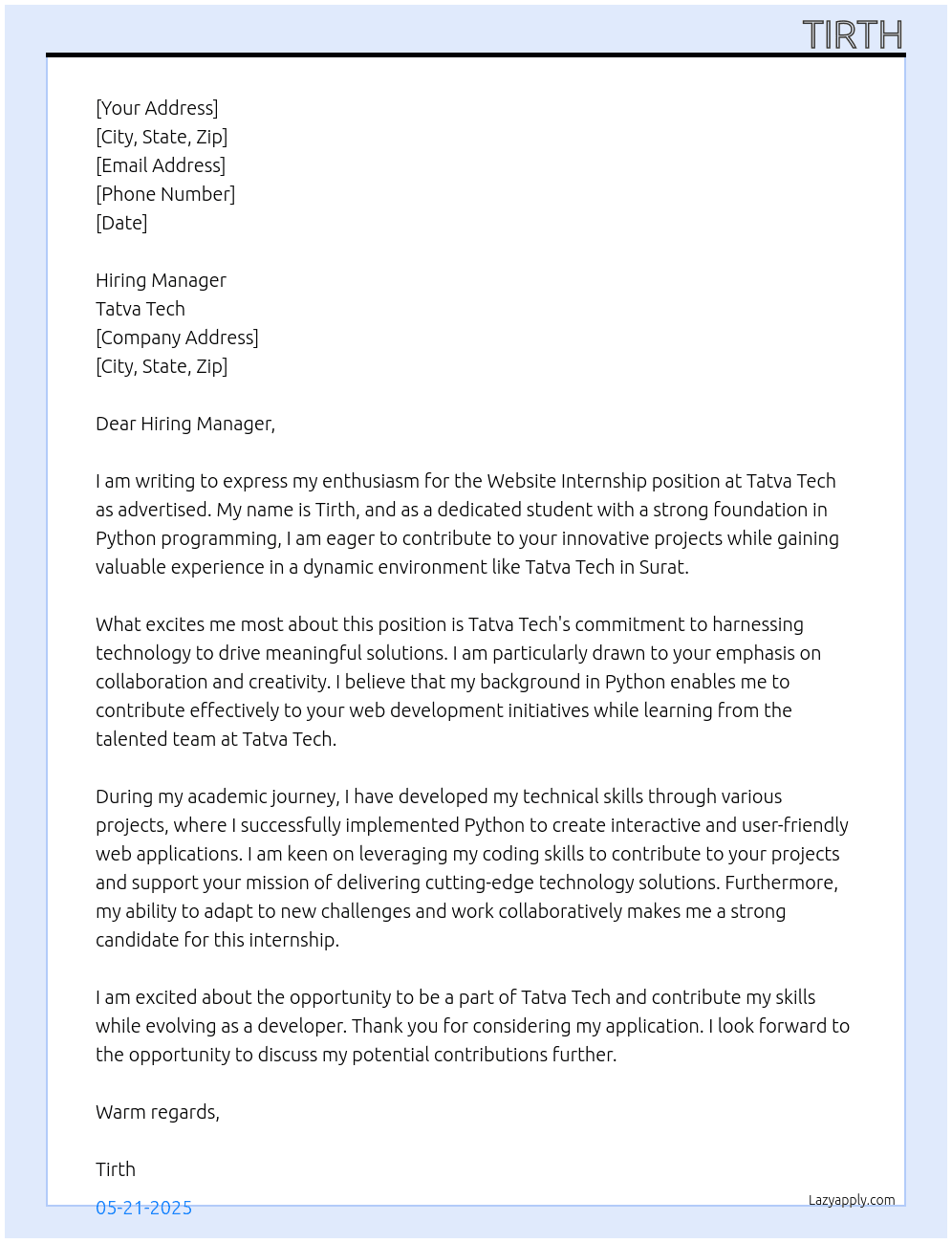 Website  At Tatva tech Cover Letter