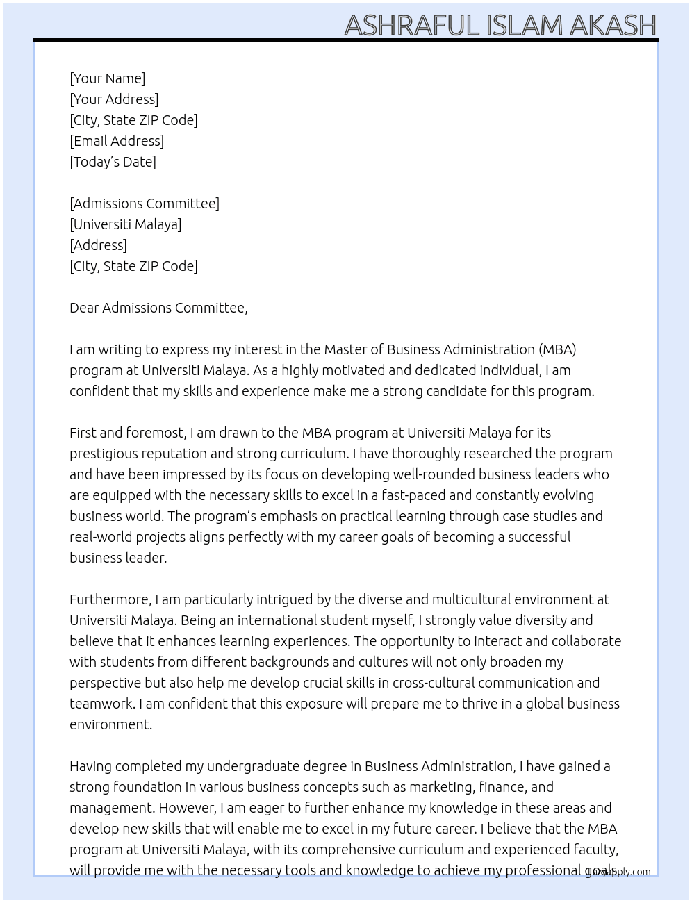 Master of Business Administration At Universiti Malaya Cover Letter