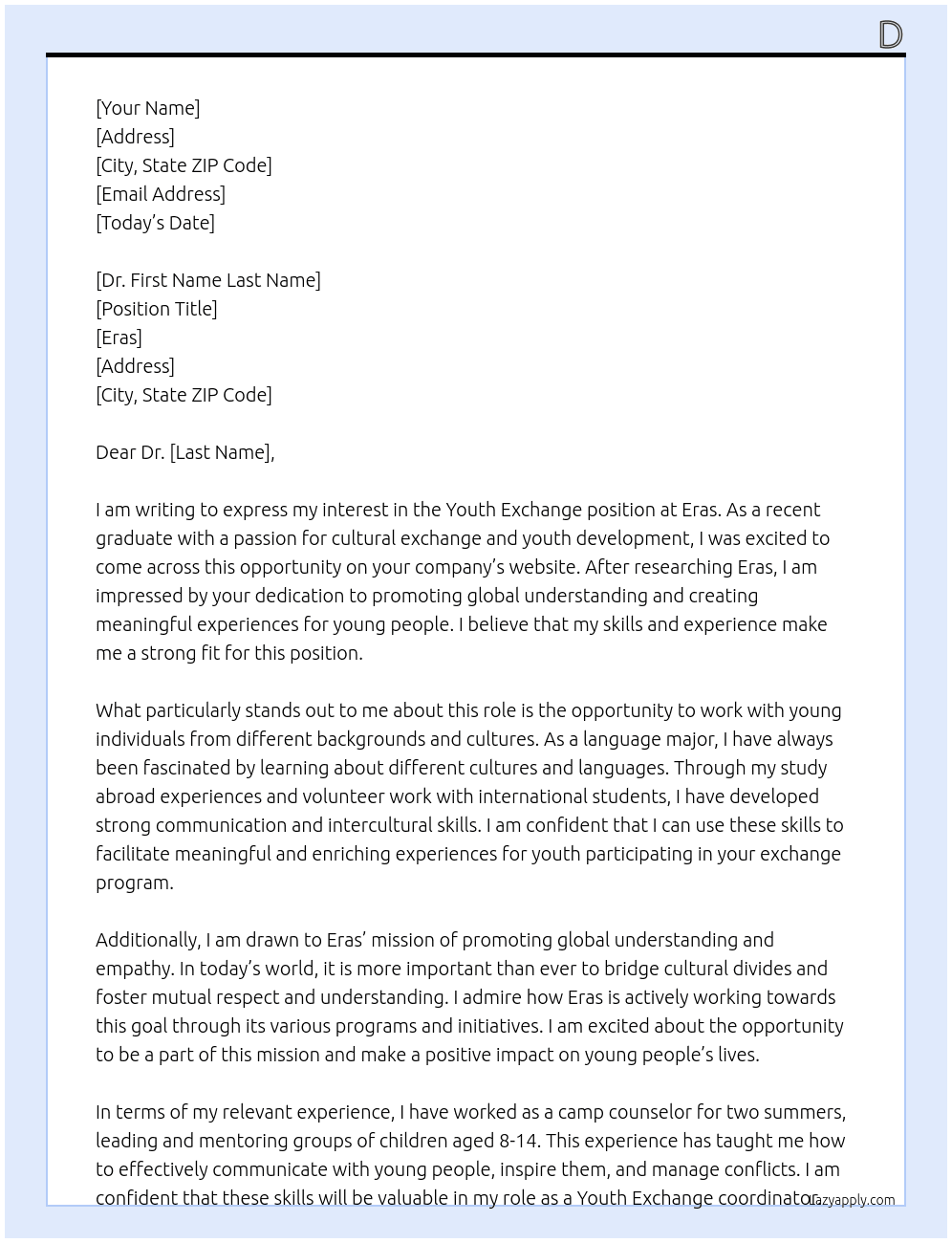 Youth Exchange At Eras Cover Letter
