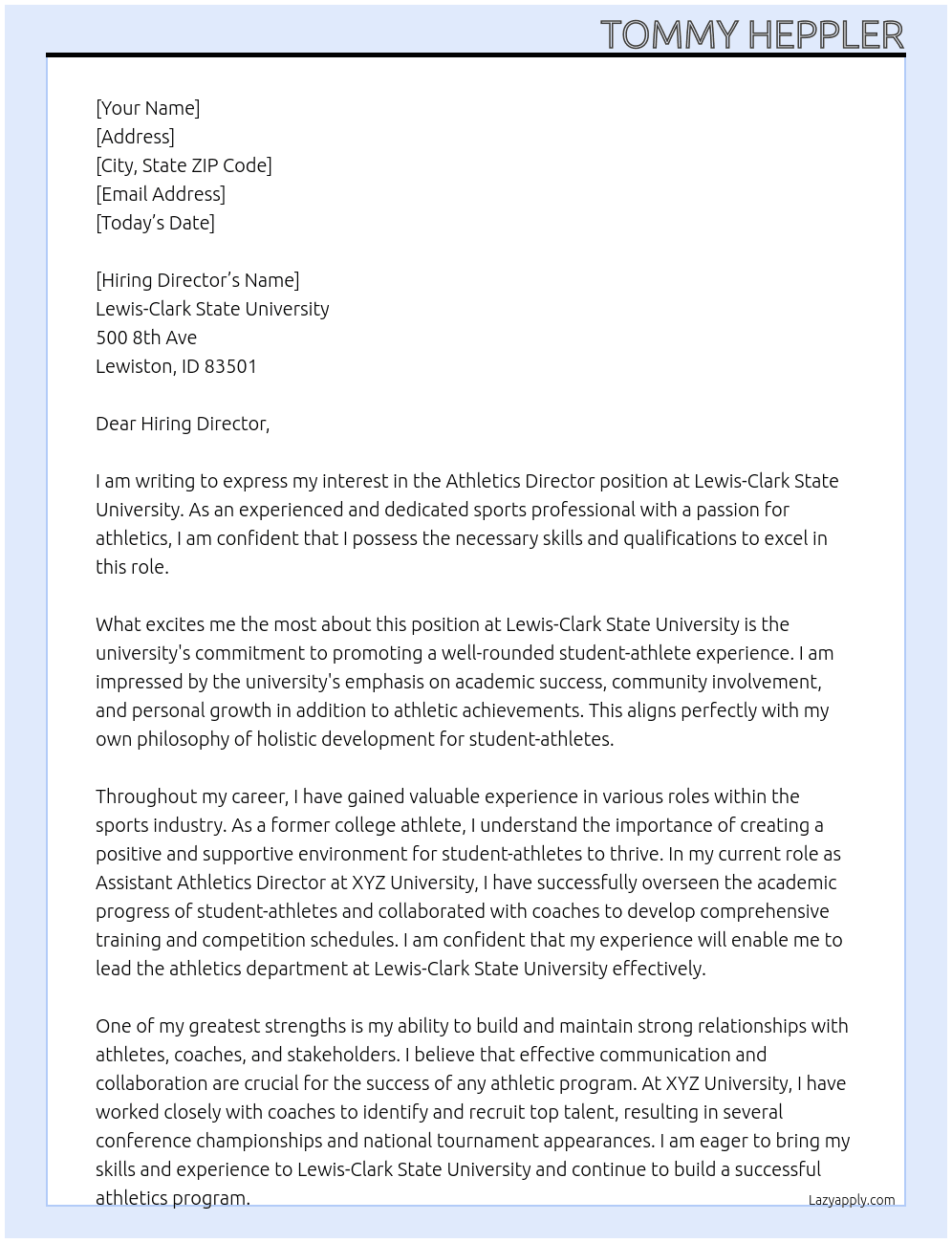 Athletics Director At Lewis-Clark State University Cover Letter