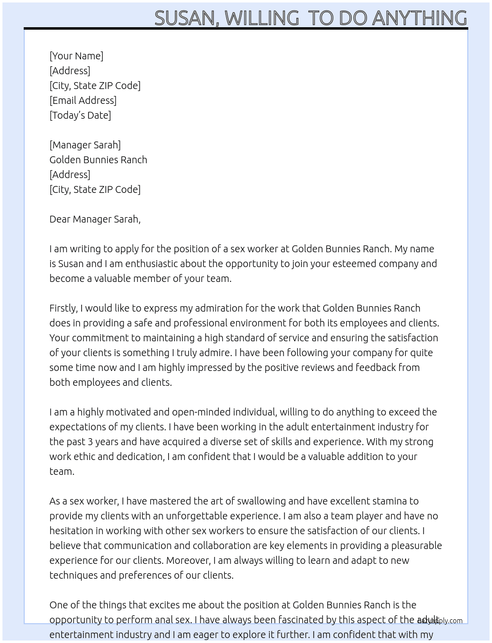 sex worker At Golden bunnies ranch Cover Letter