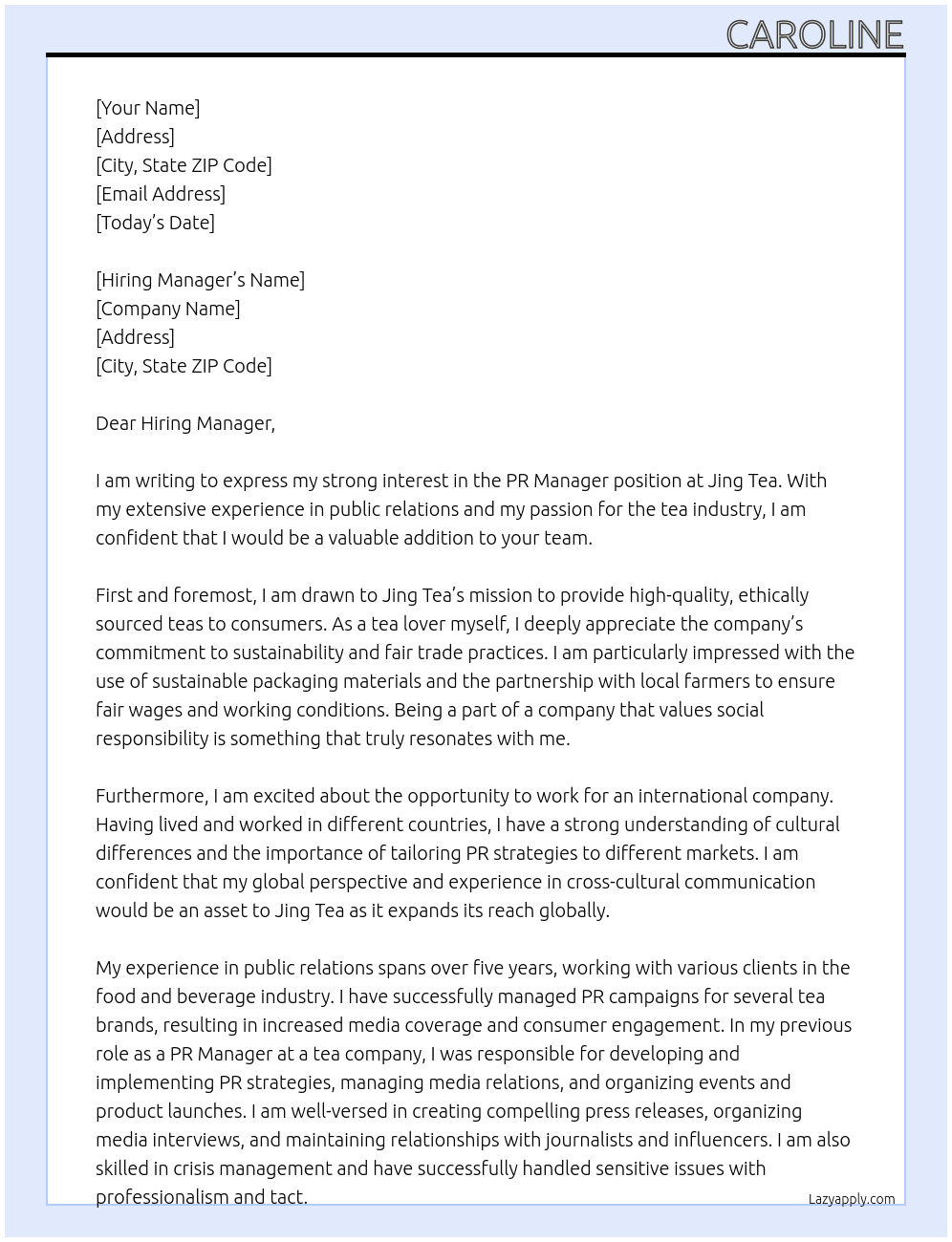 PR Manager At Jing Tea Cover Letter