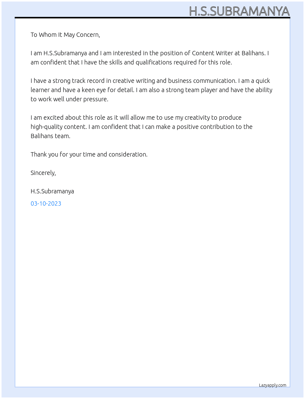 Content Writer  At Balihans Cover Letter