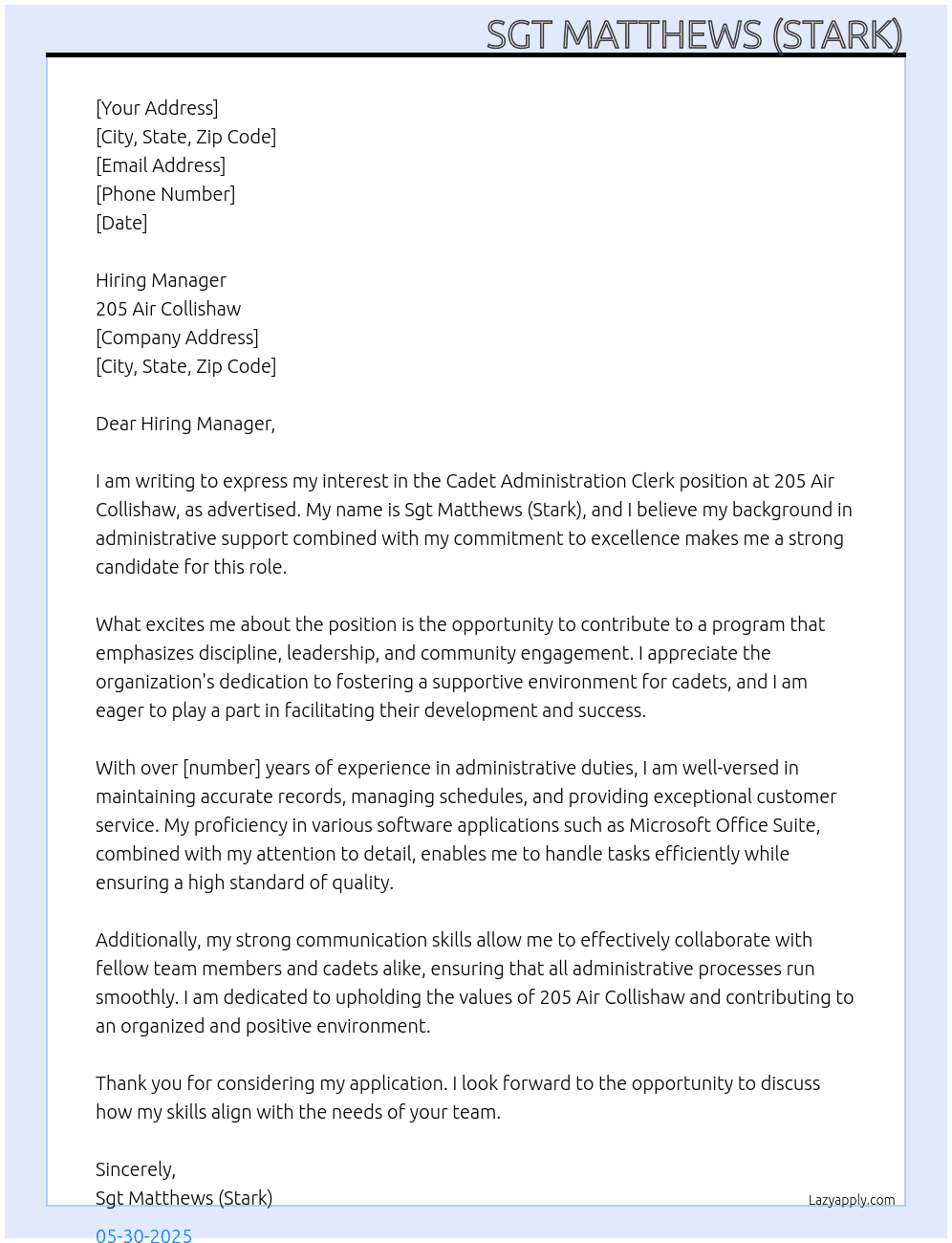 Cadet Administration Clerk / Admin FSgt (Cdt Admin Clk) At 205 Air Collishaw Cover Letter