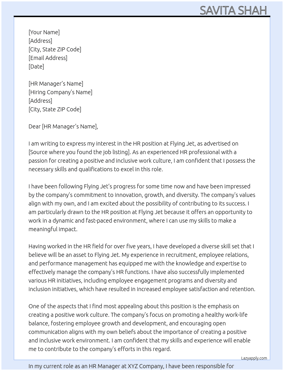 Hr At Flying jet Cover Letter