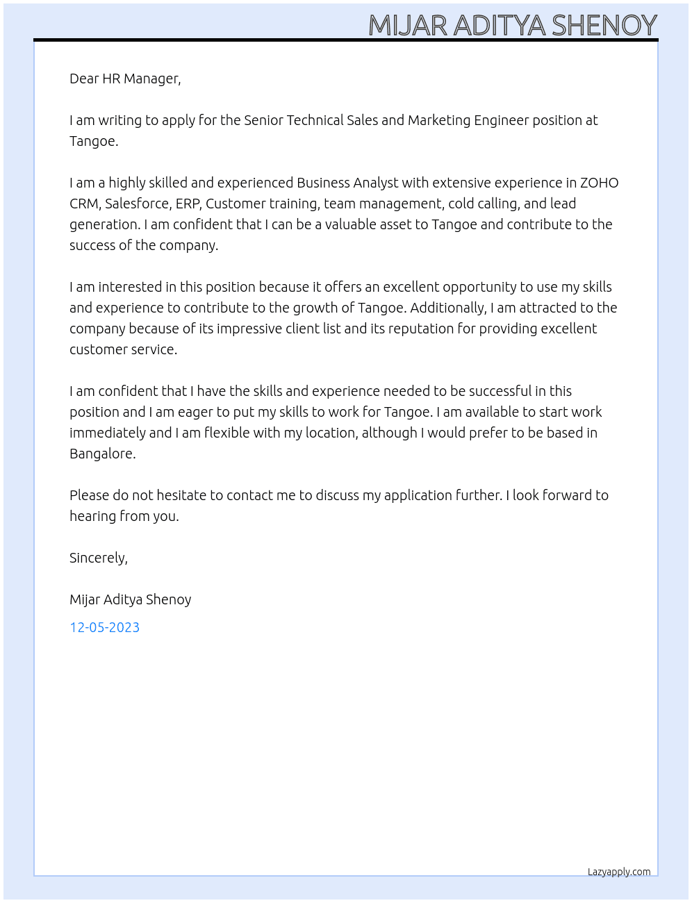 Senior Technical Sales and Marketing Engineer At Tangoe Cover Letter