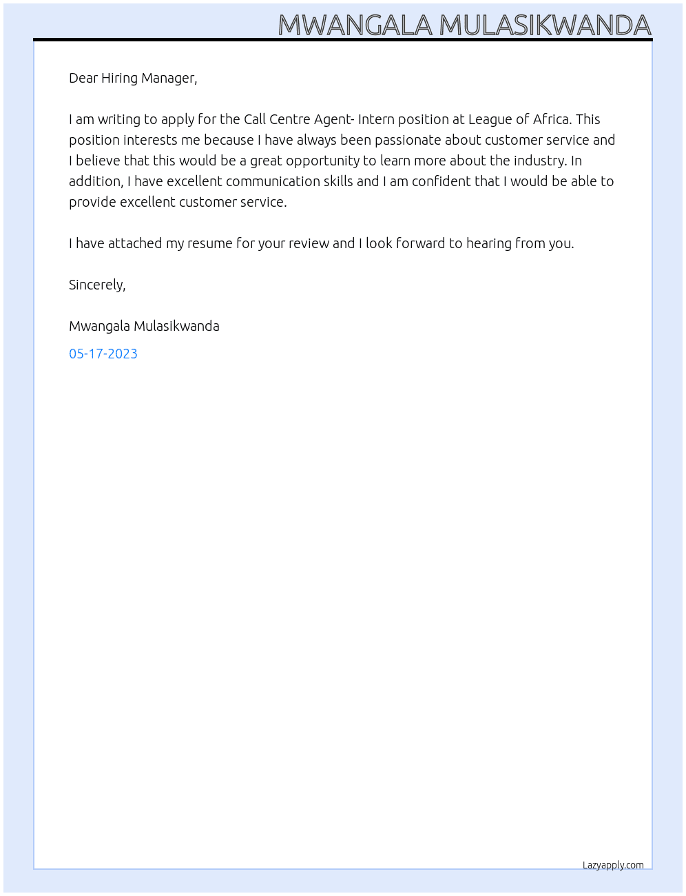 Call Centre Agent- Intern At League of Africa Cover Letter