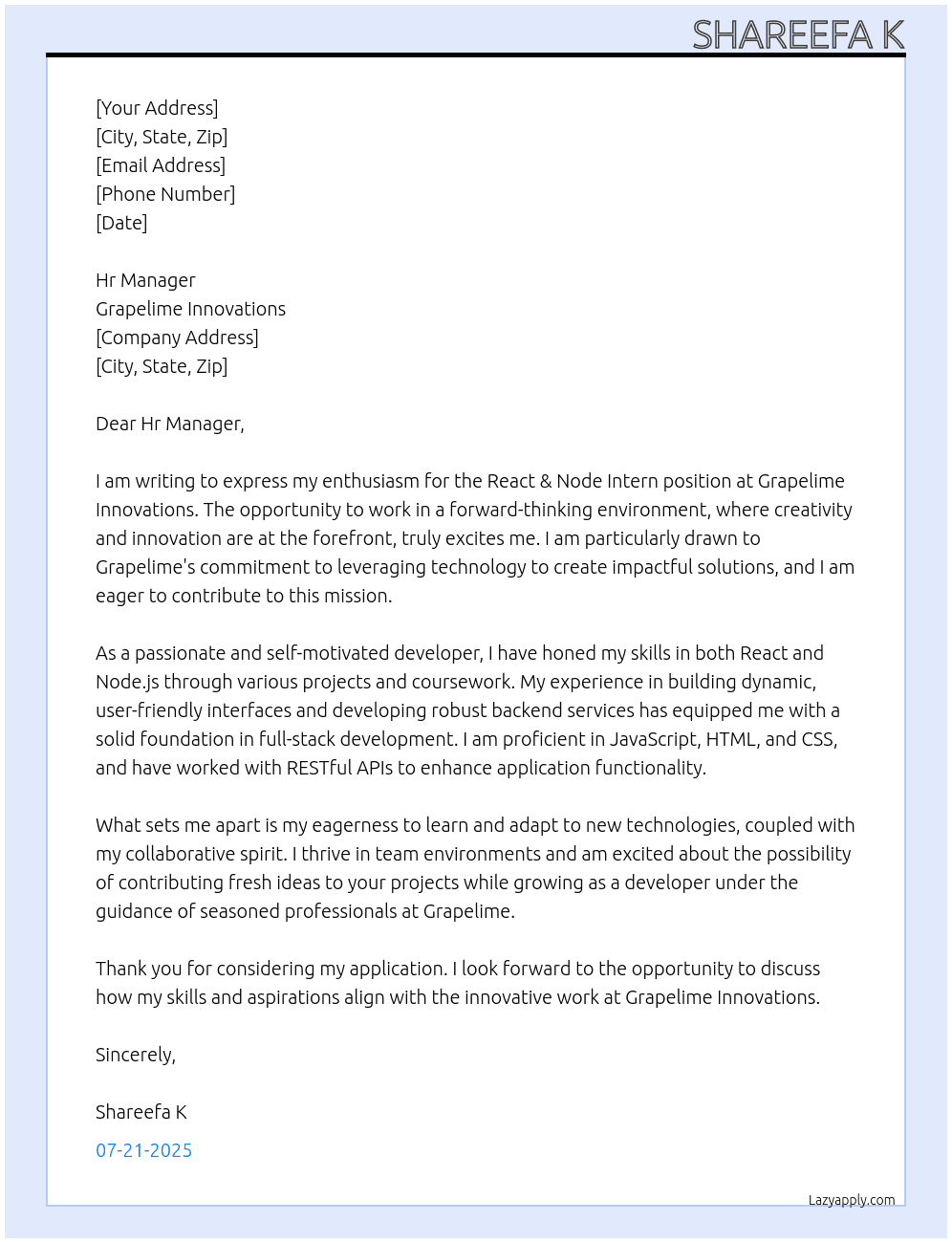 Cover letter for react &node intern - LazyApply