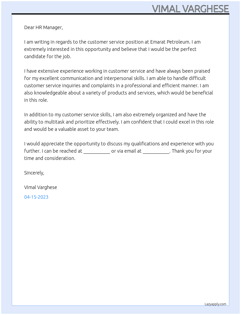 Customer service At Emarat petroleum Cover Letter