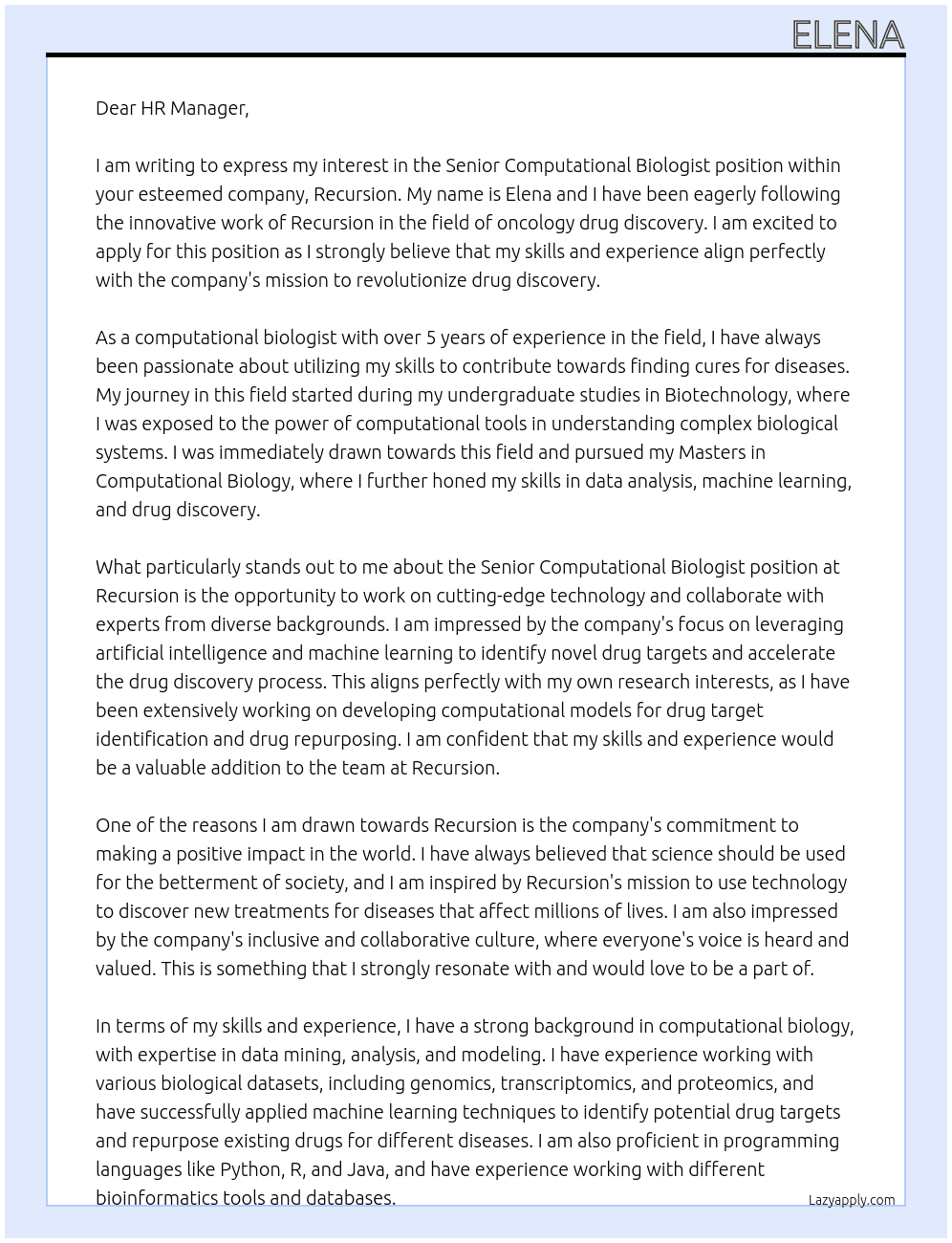 Senior Computational Biologist - Oncology Drug Discovery At Recursion Cover Letter