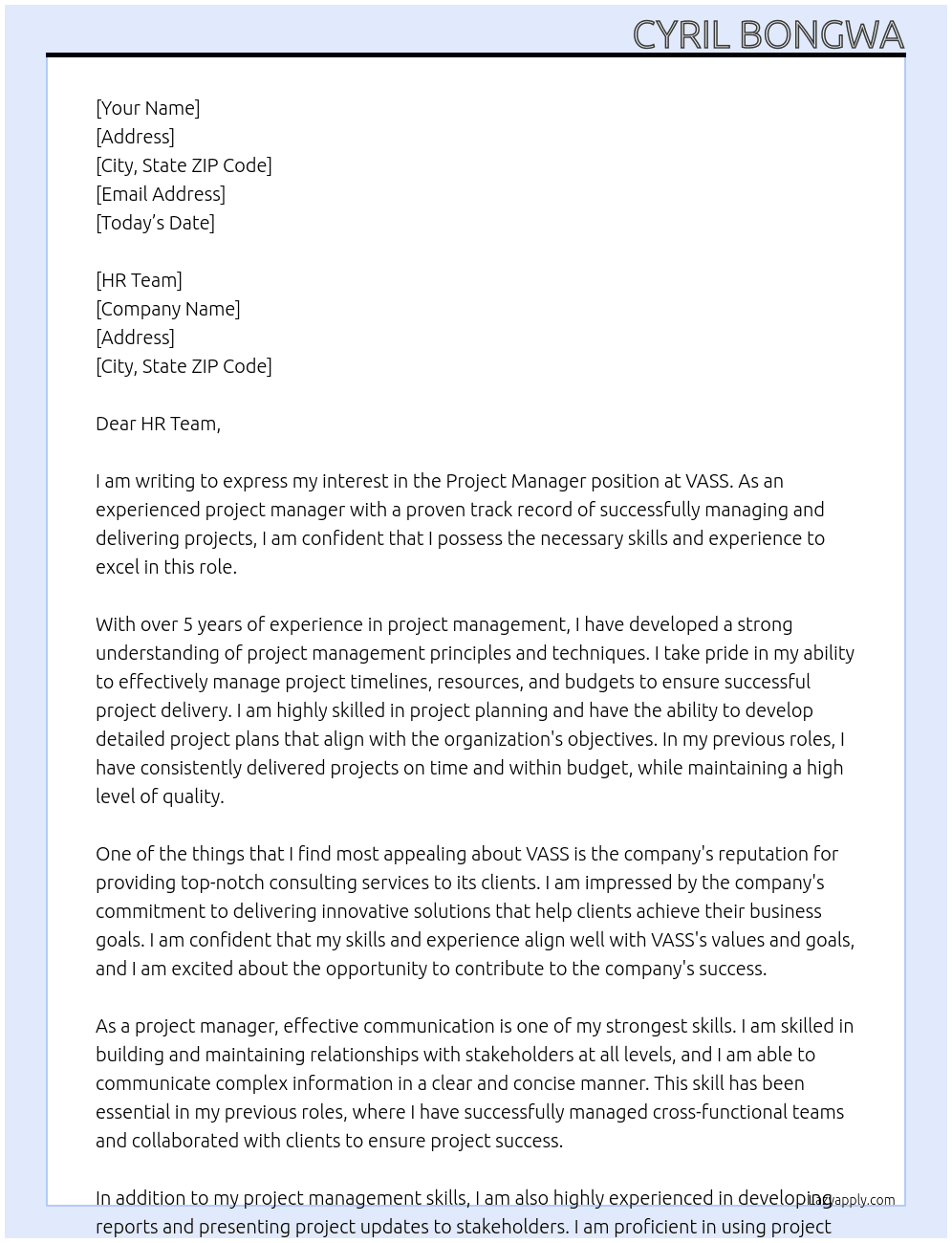 Project Manager At VASS Cover Letter