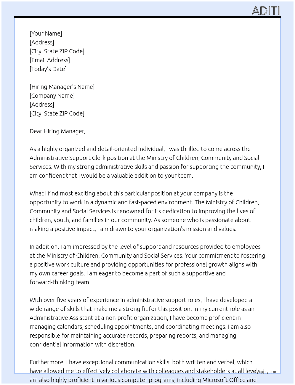 Administrative Support clerk  At Ministry of Children, community and Social Services  Cover Letter