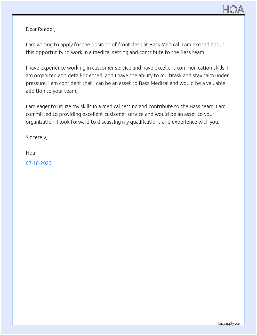 front desk At Bass Medical Cover Letter