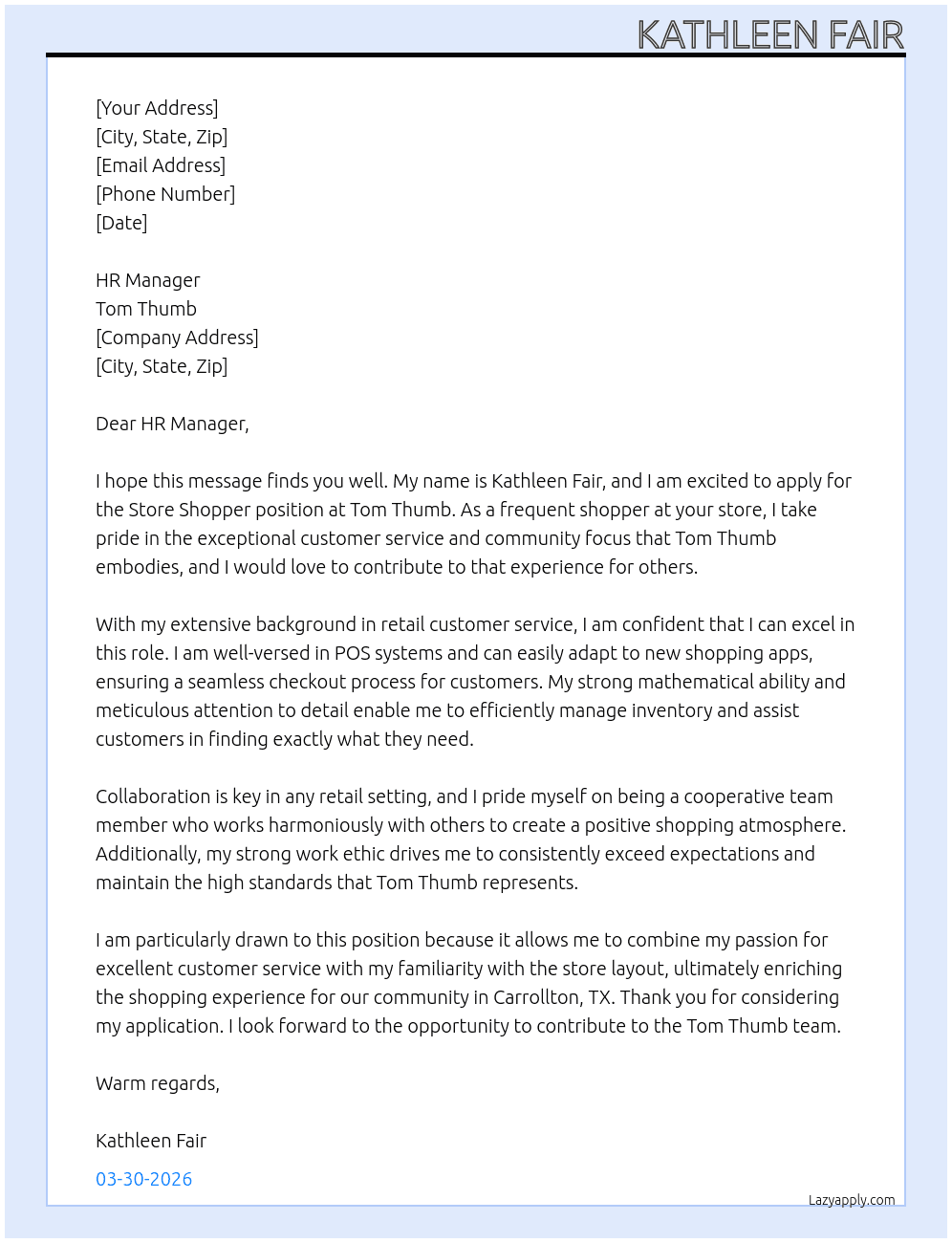 Store Shopper At Tom Thumb Cover Letter