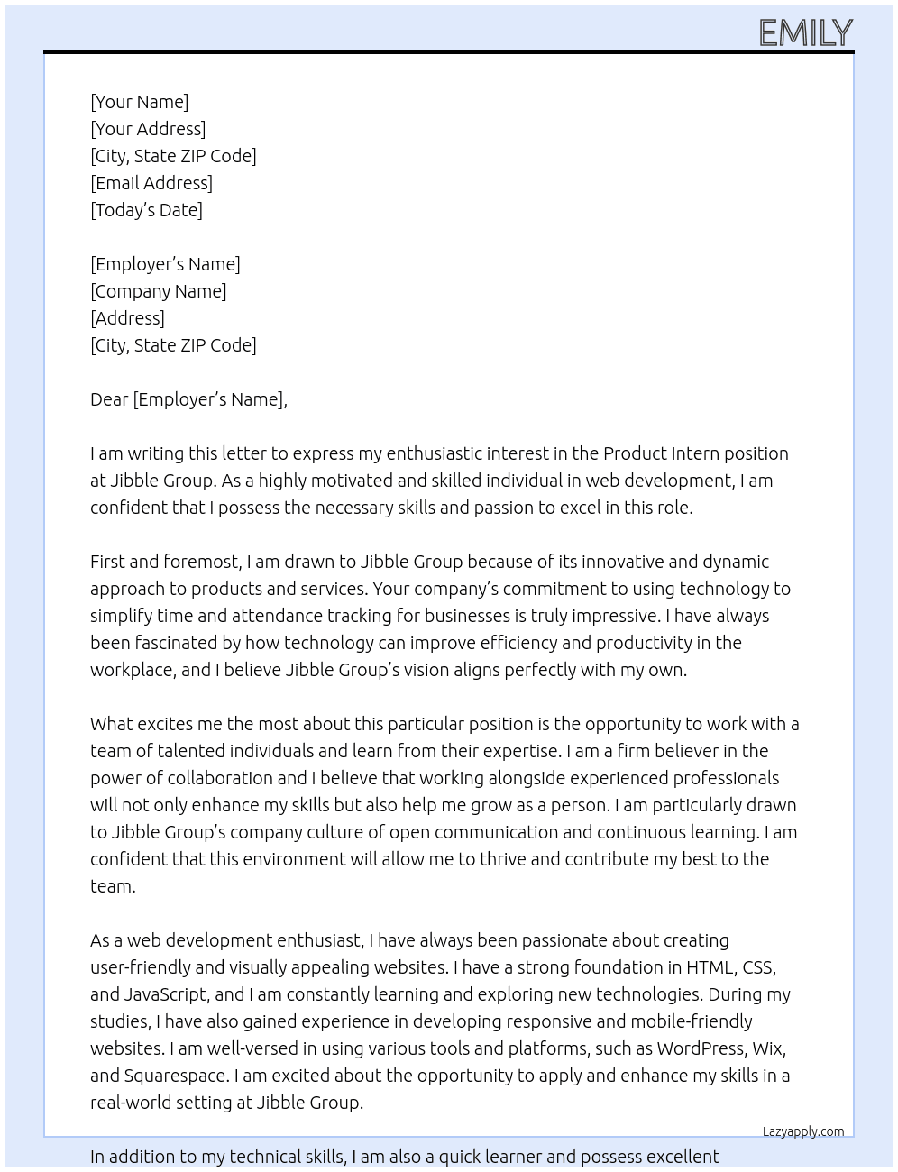 Product Intern At Jibble Group Cover Letter