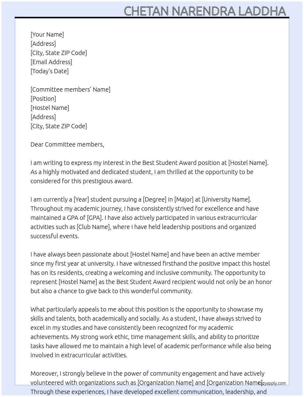 Best student award  At Hostel  Cover Letter