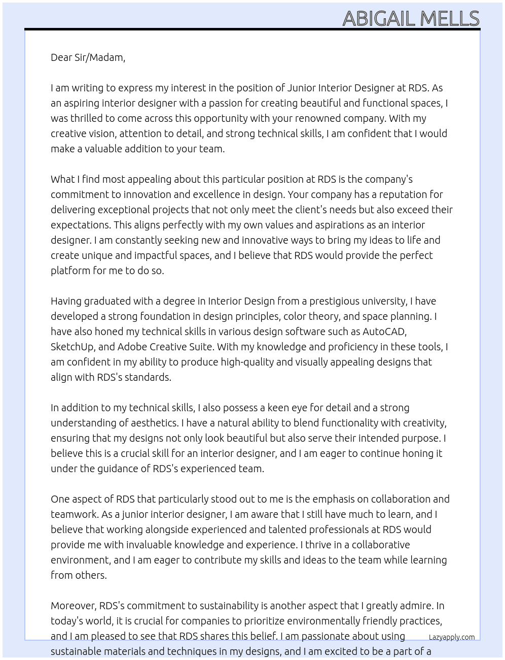 Junior Interior Designer  At RDS Cover Letter