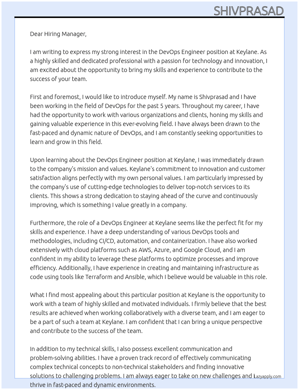 DevOps Engineer At Keylane Cover Letter