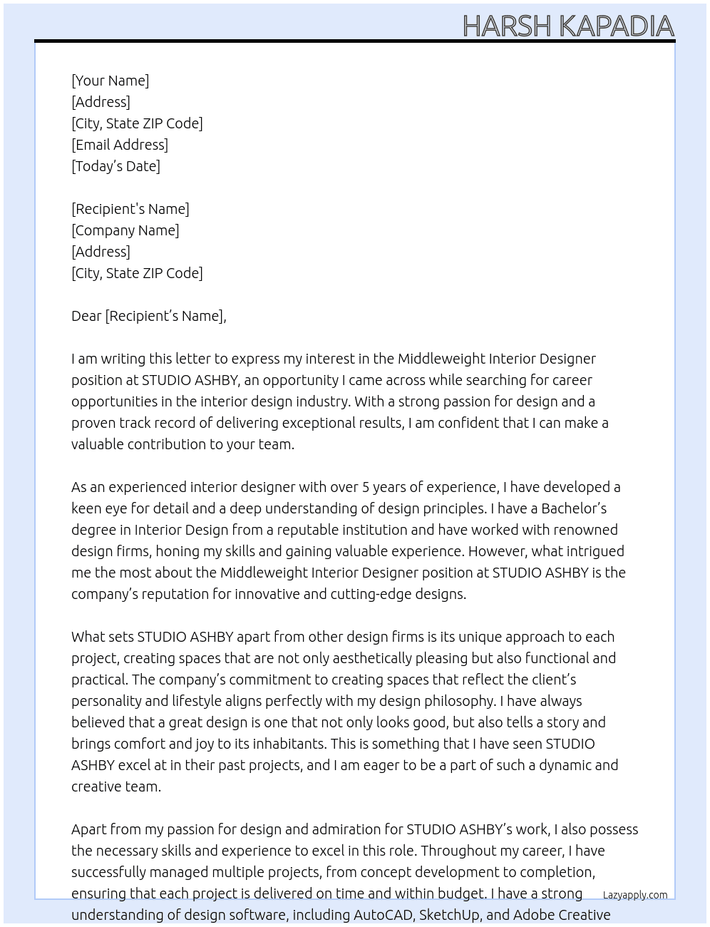 Middleweight Interior Designer At STUDIO ASHBY Cover Letter