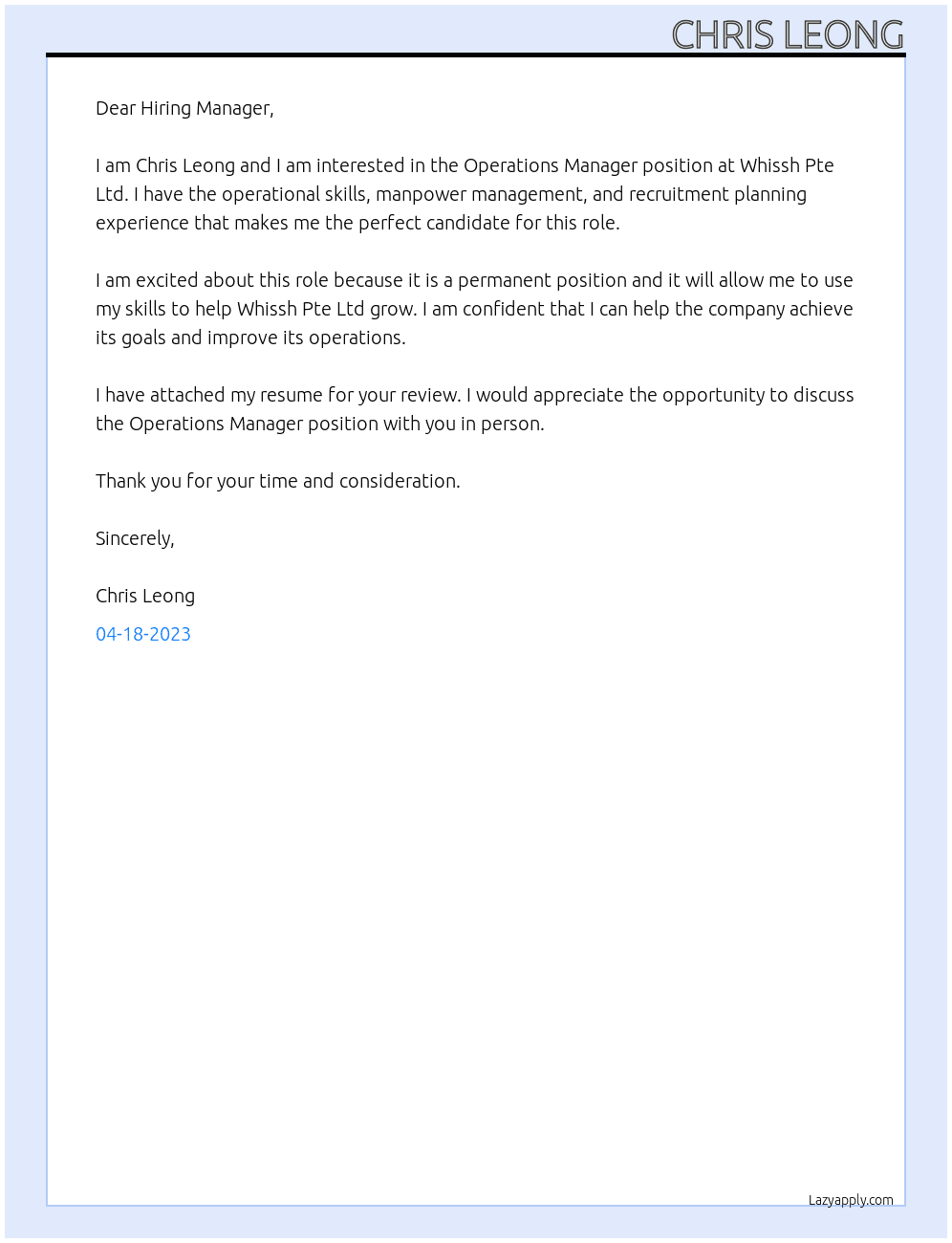 Operations Manager  At Whissh Pte Ltd Cover Letter