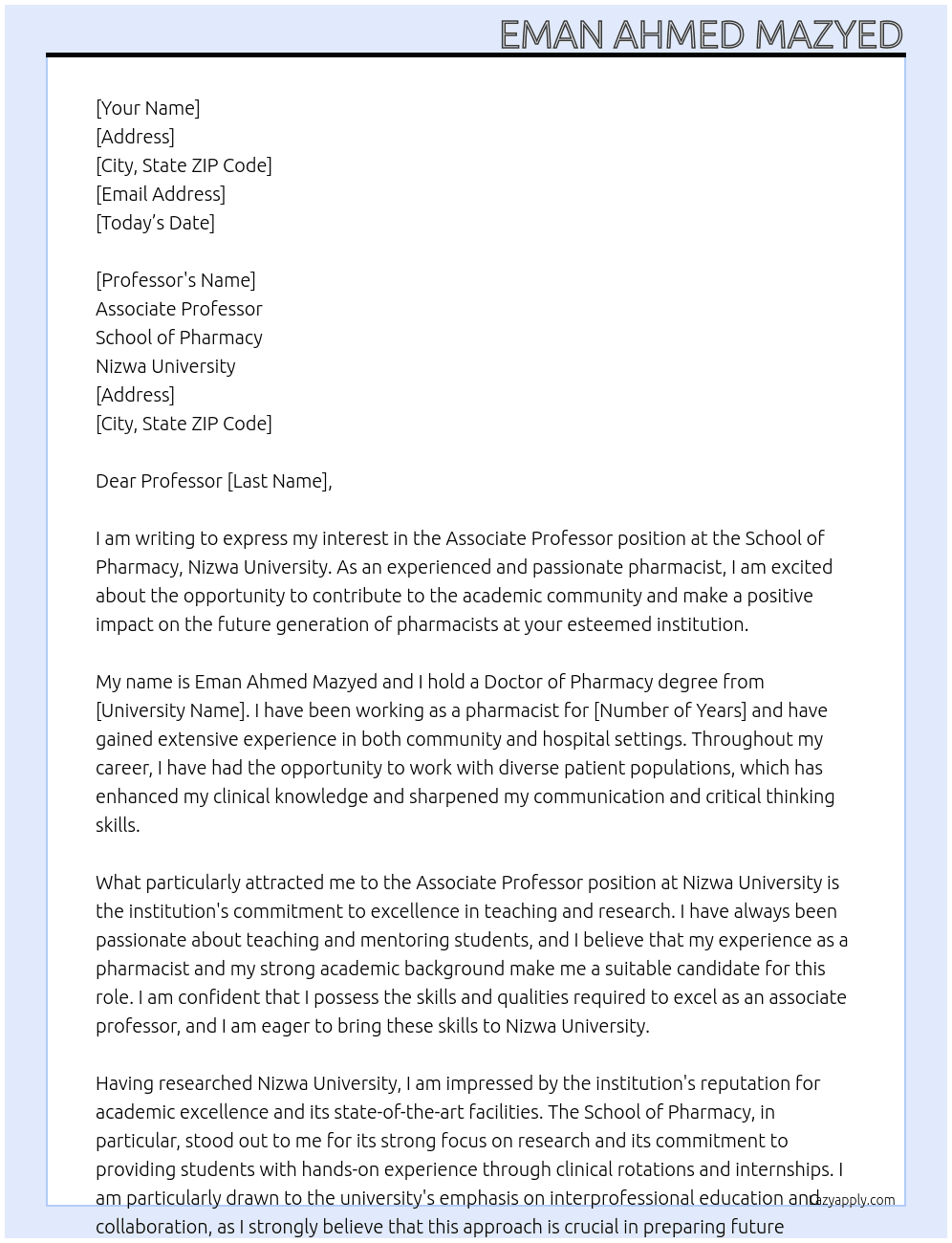 associate professor At  School of Pharmacy, Nizwa University Cover Letter