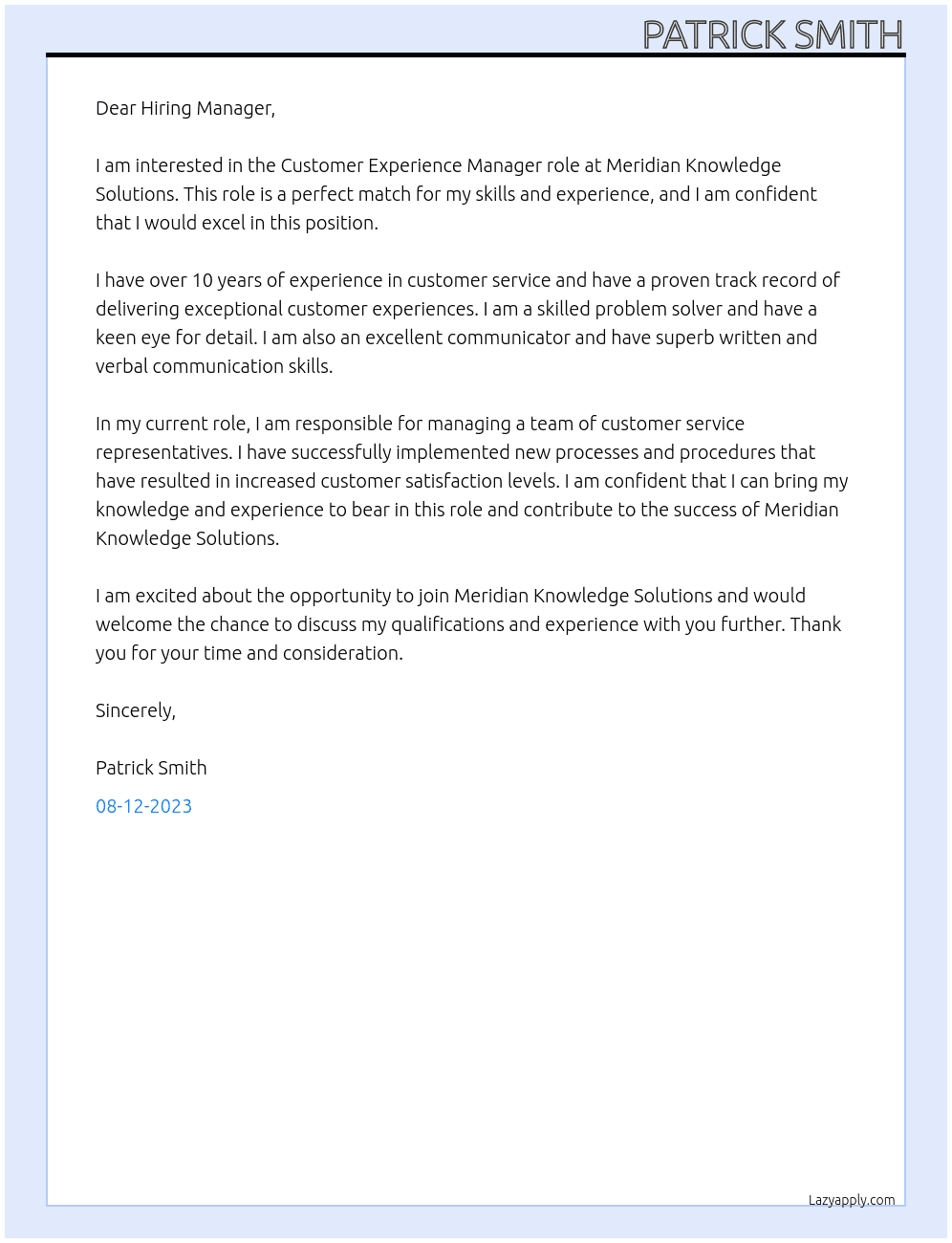 Customer Experience Manager At Meridian Knowledge Solutions Cover Letter